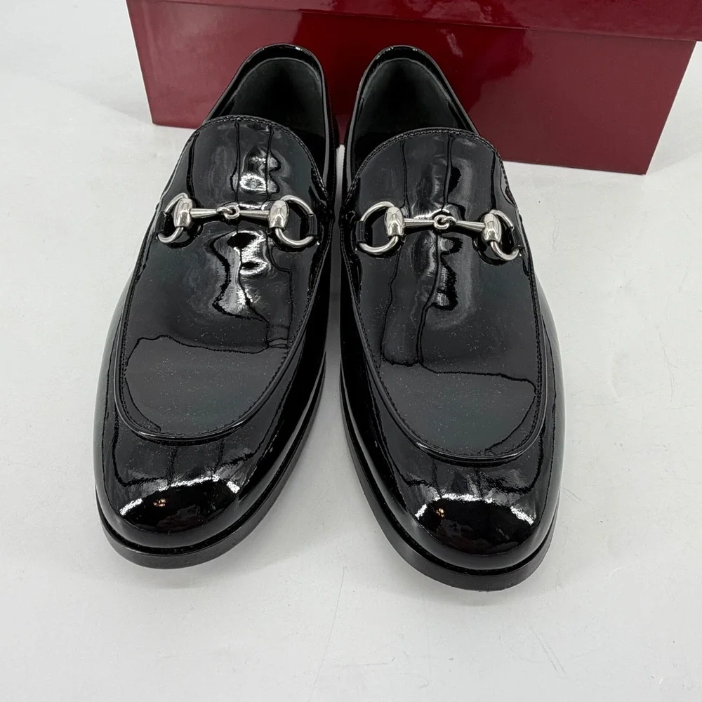 Gucci Men's Horsebit Loafers Size 7 Black Patent Leather Silver Bit NIB